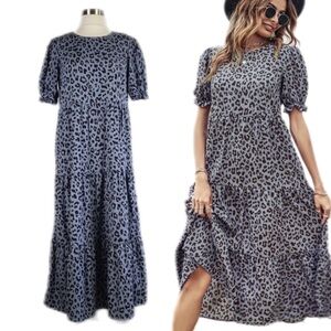 Prettygarden Leopard Print Tiered Puff Sleeve Midi Dress S